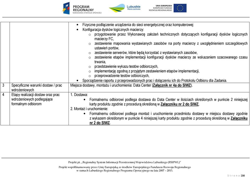 zasobów na porty macierzy z uwzględnieniem szczegółowych ustawień portów, o zestawienie serwerów, które będą korzystać z wystawianych zasobów, o zestawienie etapów implementacji konfiguracji dysków