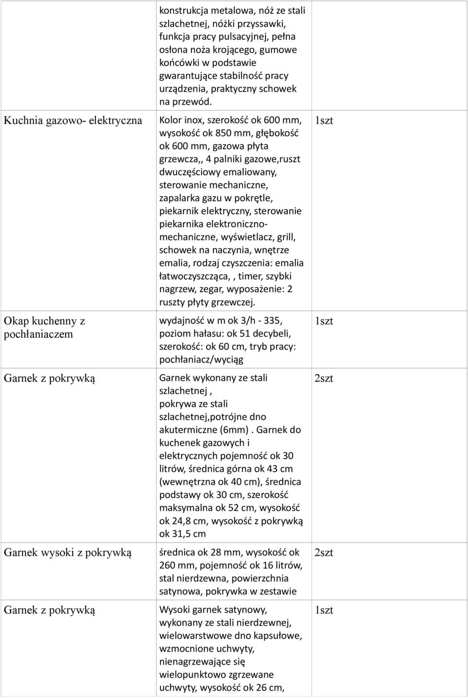 Kolor inox, szerokość ok 600 mm, wysokość ok 850 mm, głębokość ok 600 mm, gazowa płyta grzewcza,, 4 palniki gazowe,ruszt dwuczęściowy emaliowany, sterowanie mechaniczne, zapalarka gazu w pokrętle,