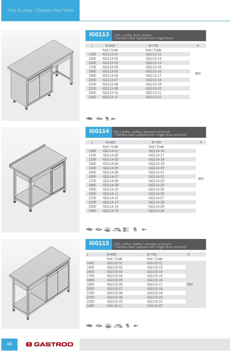 IGG114 Stół z półką i szafką z drzwiami uchylnymi / Stainless steel cupboard with hinged doors and shelf 1000 IGG114-01 IGG114-16 1100 IGG114-02 IGG114-17 1200 IGG114-03 IGG114-18 1300 IGG114-04