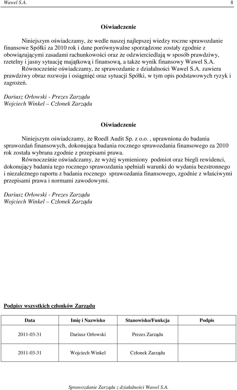 Równocześnie oświadczamy, że sprawozdanie z działalności Wawel S.A. zawiera prawdziwy obraz rozwoju i osiągnięć oraz sytuacji Spółki, w tym opis podstawowych ryzyk i zagrożeń.