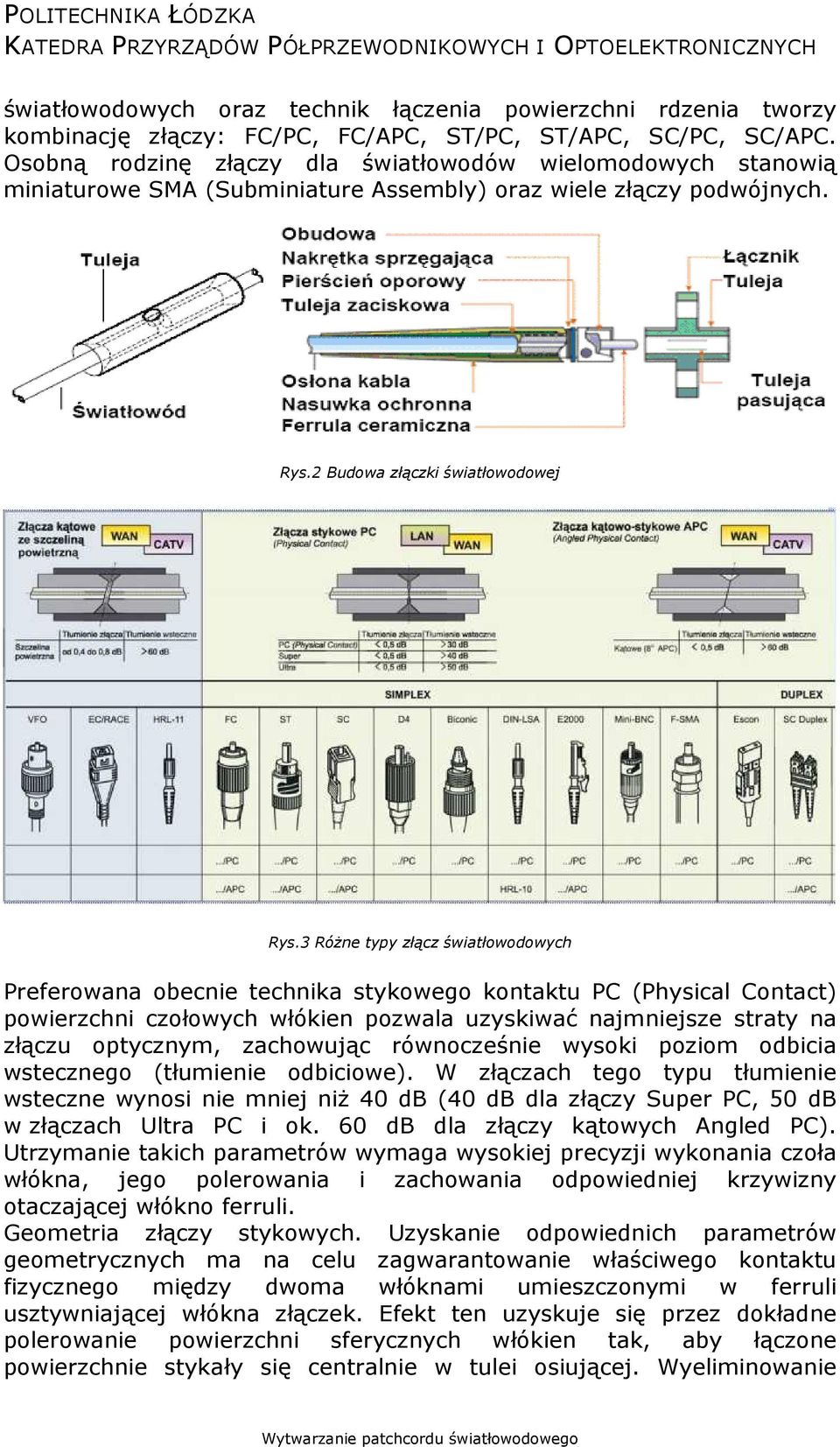 3 Różne typy złącz światłowodowych Preferowana obecnie technika stykowego kontaktu PC (Physical Contact) powierzchni czołowych włókien pozwala uzyskiwać najmniejsze straty na złączu optycznym,