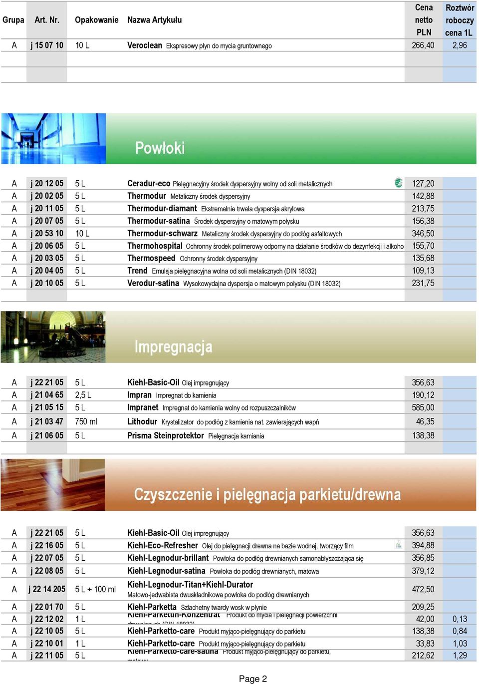 20 53 10 10 L Thermodur-schwarz Metaliczny środek dyspersyjny do podłóg asfaltowych 346,50 A j 20 06 05 5 L Thermohospital Ochronny środek polimerowy odporny na działanie środków do dezynfekcji i