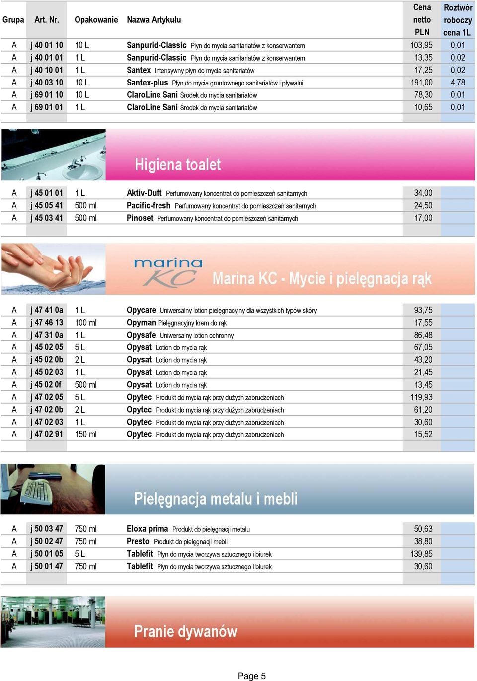 sanitariatów 78,30 0,01 A j 69 01 01 1 L ClaroLine Sani Środek do mycia sanitariatów 10,65 0,01 A j 45 01 01 1 L Aktiv-Duft Perfumowany koncentrat do pomieszczeń sanitarnych 34,00 A j 45 05 41 500 ml