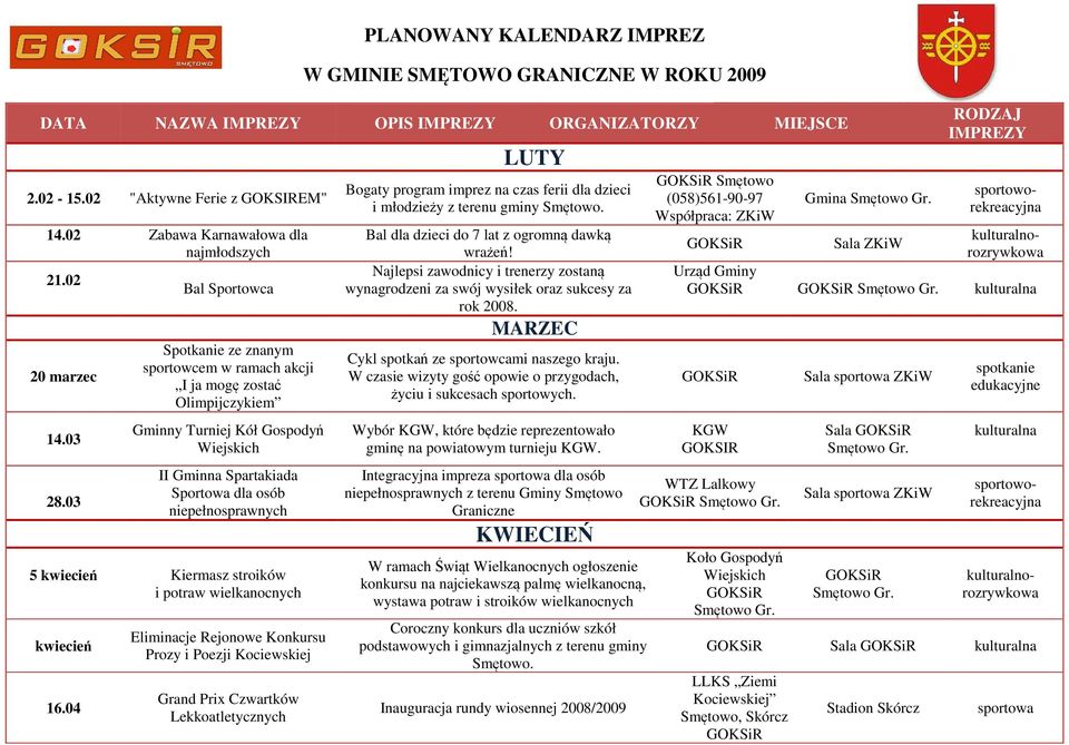 03 Bal Sportowca Spotkanie ze znanym sportowcem w ramach akcji I ja mogę zostać Olimpijczykiem Gminny Turniej Kół Gospodyń Wiejskich II Gminna Spartakiada Sportowa dla osób niepełnosprawnych 5