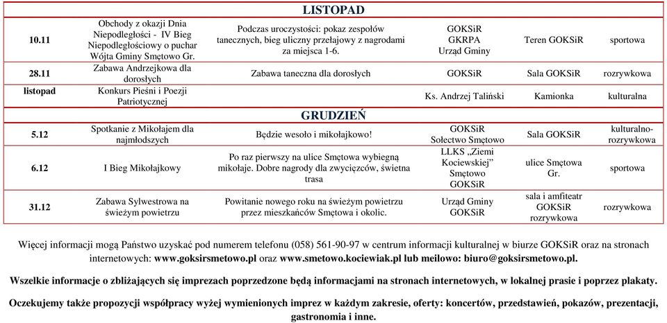 6.12 I Bieg Mikołajkowy 31.12 Zabawa Sylwestrowa na świeżym powietrzu LISTOPAD Podczas uroczystości: pokaz zespołów tanecznych, bieg uliczny przełajowy z nagrodami za miejsca 1-6.