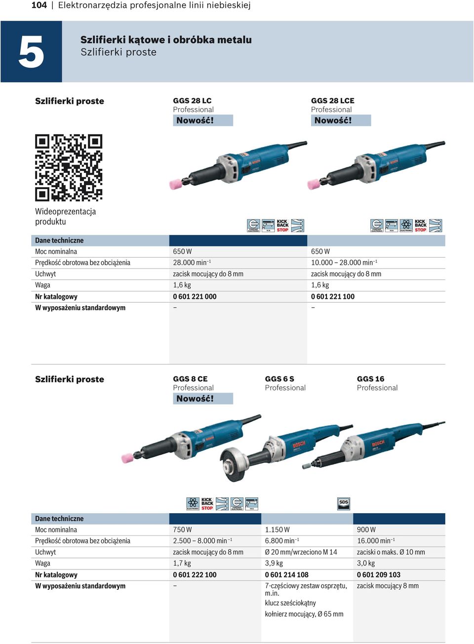 000 min 1 Uchwyt zacisk mocujący do 8 mm zacisk mocujący do 8 mm Waga 1,6 kg 1,6 kg Nr katalogowy 0 601 221 000 0 601 221 100 W wyposażeniu standardowym Szlifierki proste GGS 8 CE GGS 6 S GGS 16 Moc