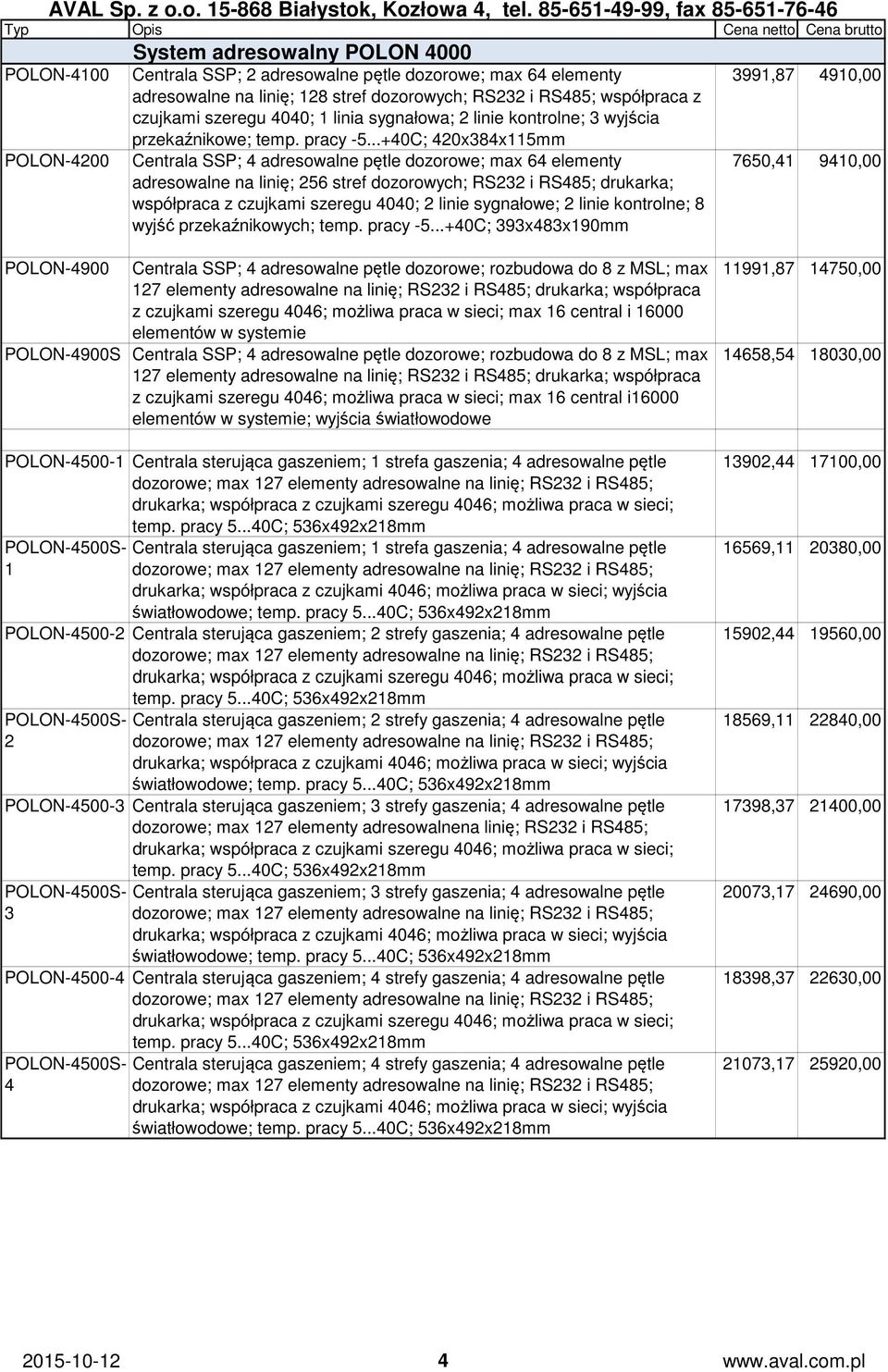 ..+40C; 420x384x115mm Centrala SSP; 4 adresowalne pętle dozorowe; max 64 elementy adresowalne na linię; 256 stref dozorowych; RS232 i RS485; drukarka; współpraca z czujkami szeregu 4040; 2 linie