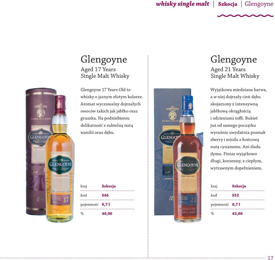 Glengoyne Aged 21 Years Single Malt Whisky Wyjątkowa miedziana barwa, a w niej dojrzały cień dębu skojarzony z intensywną jabłkową okrągłością i odcieniami toffi.