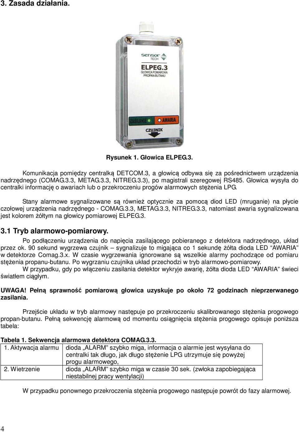 Stany alarmowe sygnalizowane są również optycznie za pomocą diod LED (mruganie) na płycie czołowej urządzenia nadrzędnego - COMAG.3.