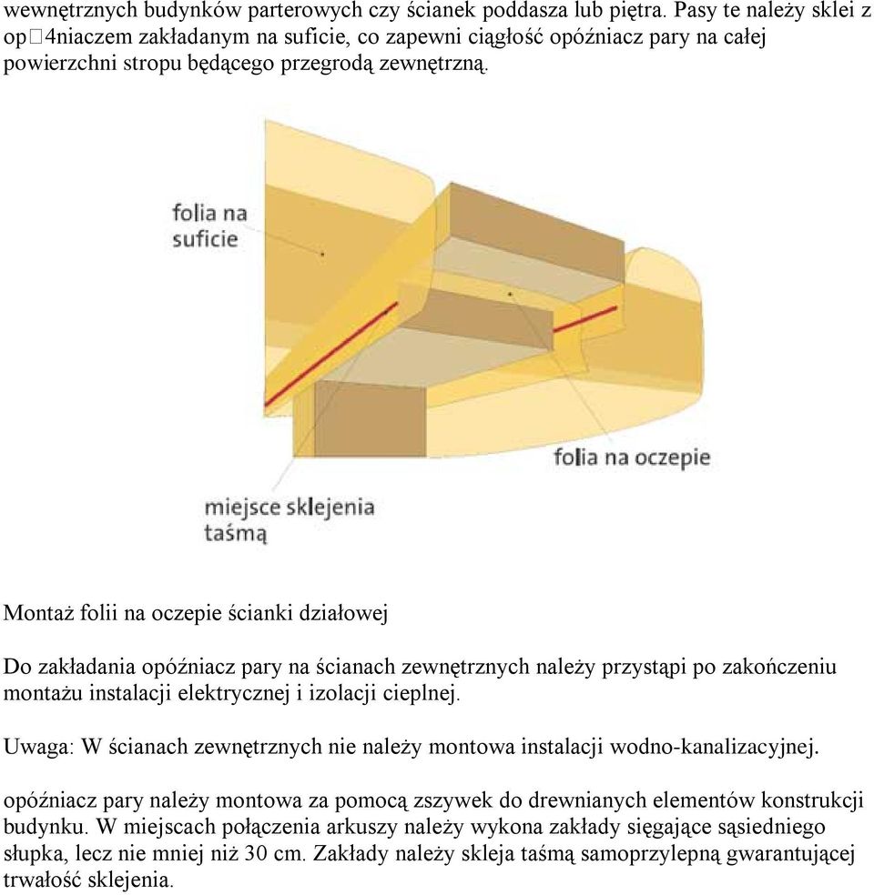 Montaż folii na oczepie ścianki działowej Do zakładania opóźniacz pary na ścianach zewnętrznych należy przystąpi po zakończeniu montażu instalacji elektrycznej i izolacji cieplnej.