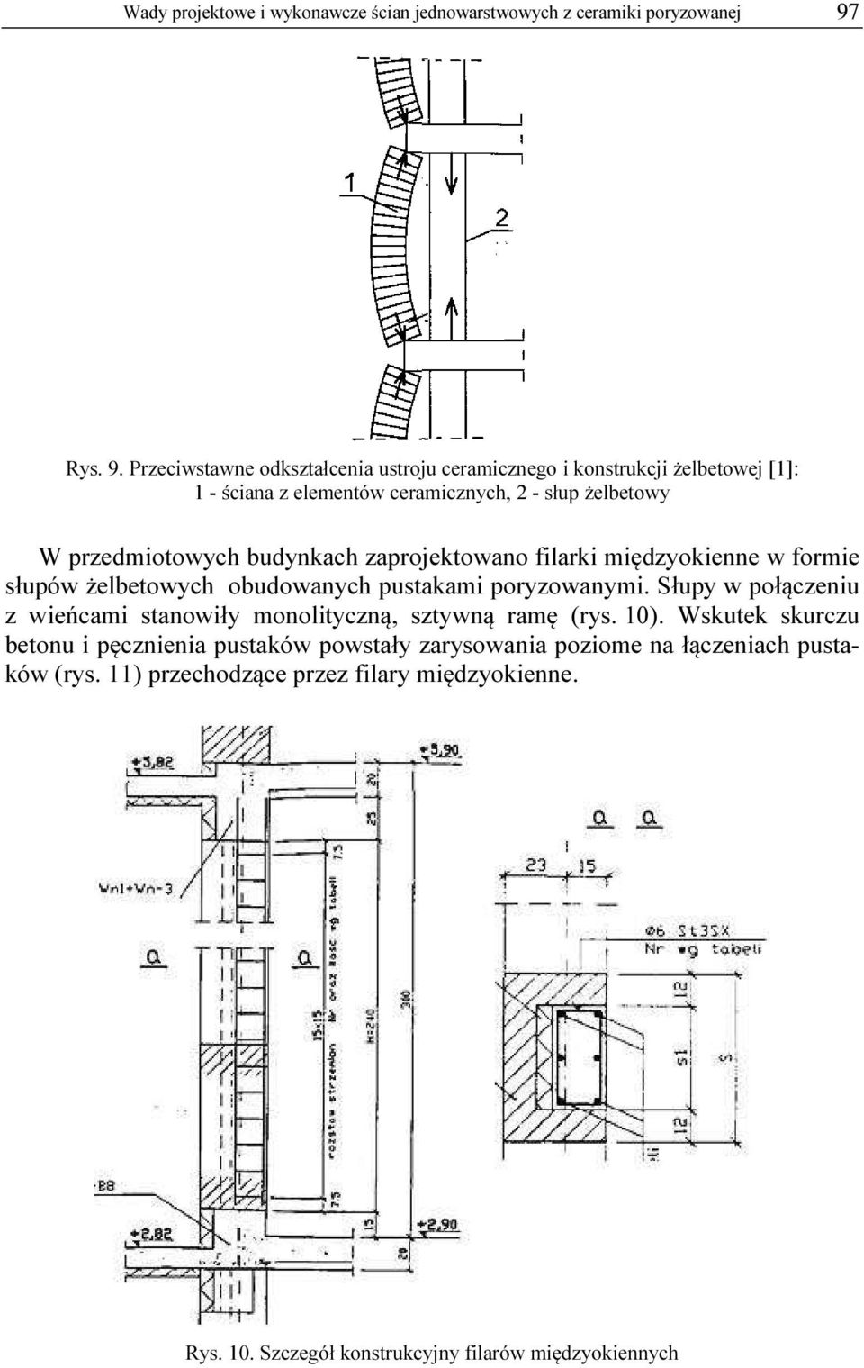 Przeciwstawne odkształcenia ustroju ceramicznego i konstrukcji żelbetowej [1]: 1 - ściana z elementów ceramicznych, 2 - słup żelbetowy W przedmiotowych