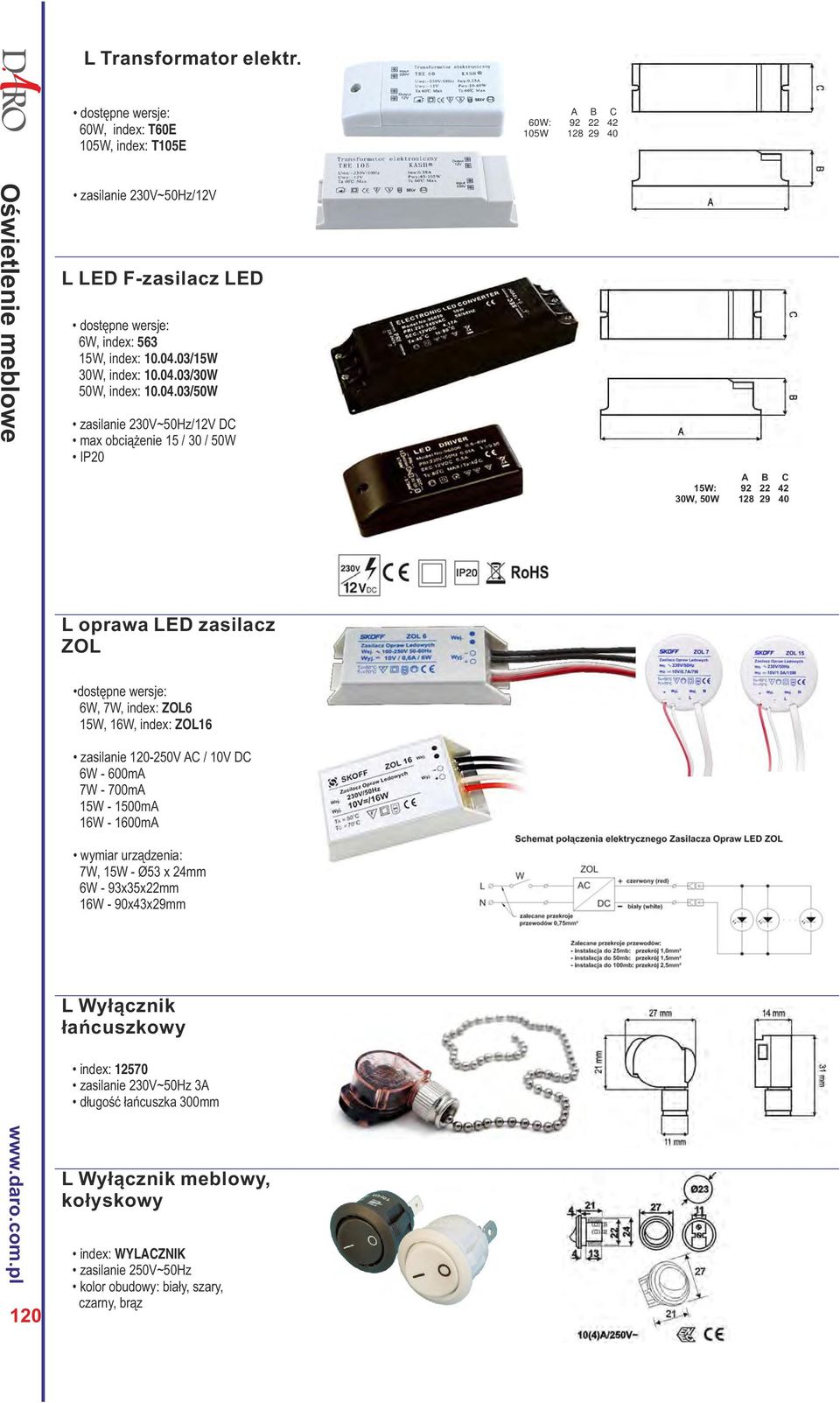 700mA 15W - 1500mA 16W - 1600mA wymiar urządzenia: 7W, 15W - Ø53 x 24mm 6W - 93x35x22mm 16W - 90x43x29mm L Wyłącznik łańcuszkowy index: 12570 ~50Hz 3A długość łańcuszka 300mm L