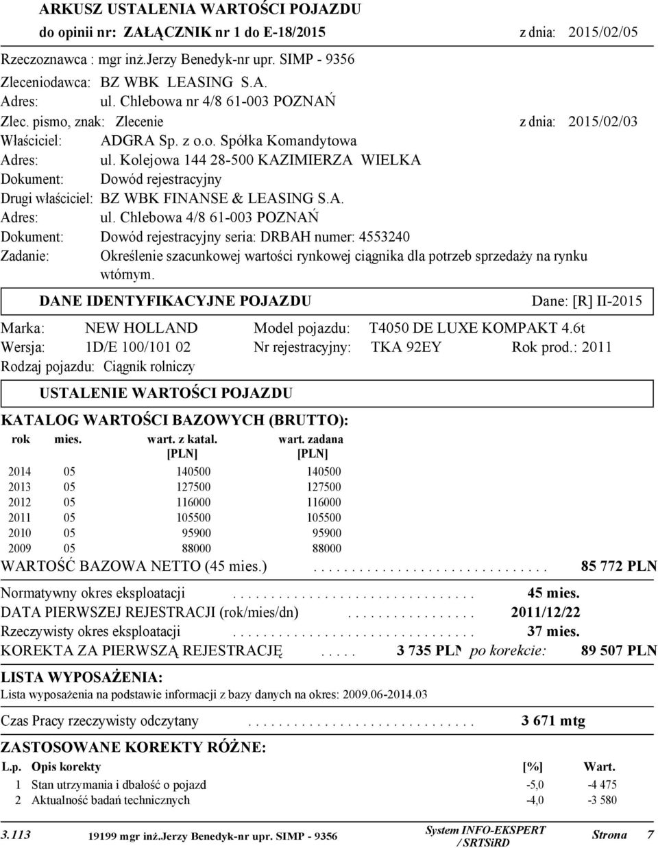 Kolejowa 144 28-500 KAZIMIERZA WIELKA Dokument: Dowód rejestracyjny Drugi właściciel: BZ WBK FINANSE & LEASING S.A. Adres: ul.