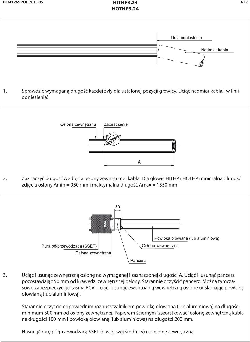 Dla głowic HITHP i HOTHP minimalna długość zdjęcia osłony Amin = 950 mm i maksymalna długość Amax = 1550 mm 50 Rura półprzewodząca () Osłona zewnętrzna Pancerz Powłoka ołowiana (lub aluminiowa)