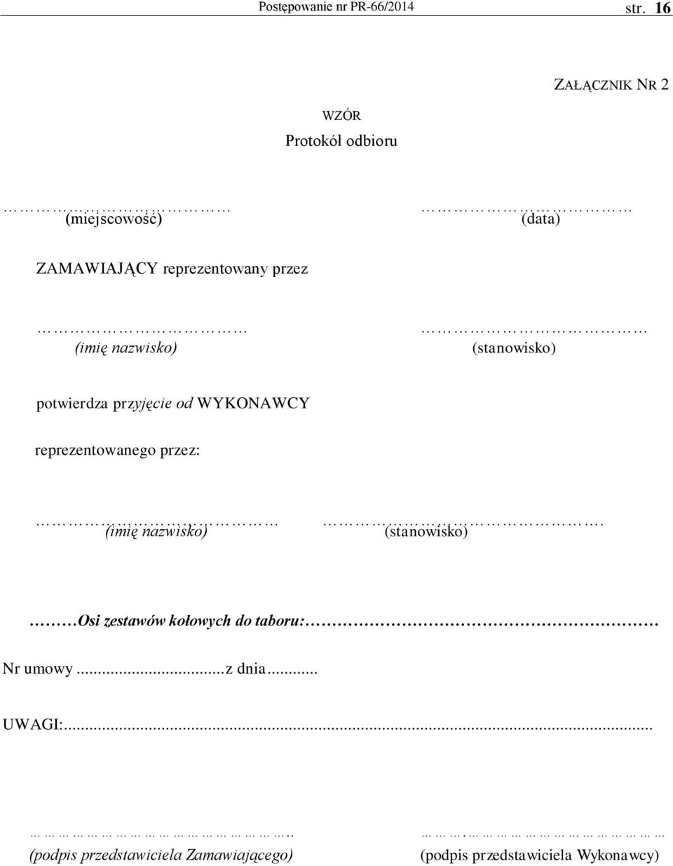(imię nazwisko) (stanowisko) potwierdza przyjęcie od WYKONAWCY reprezentowanego przez: (imię