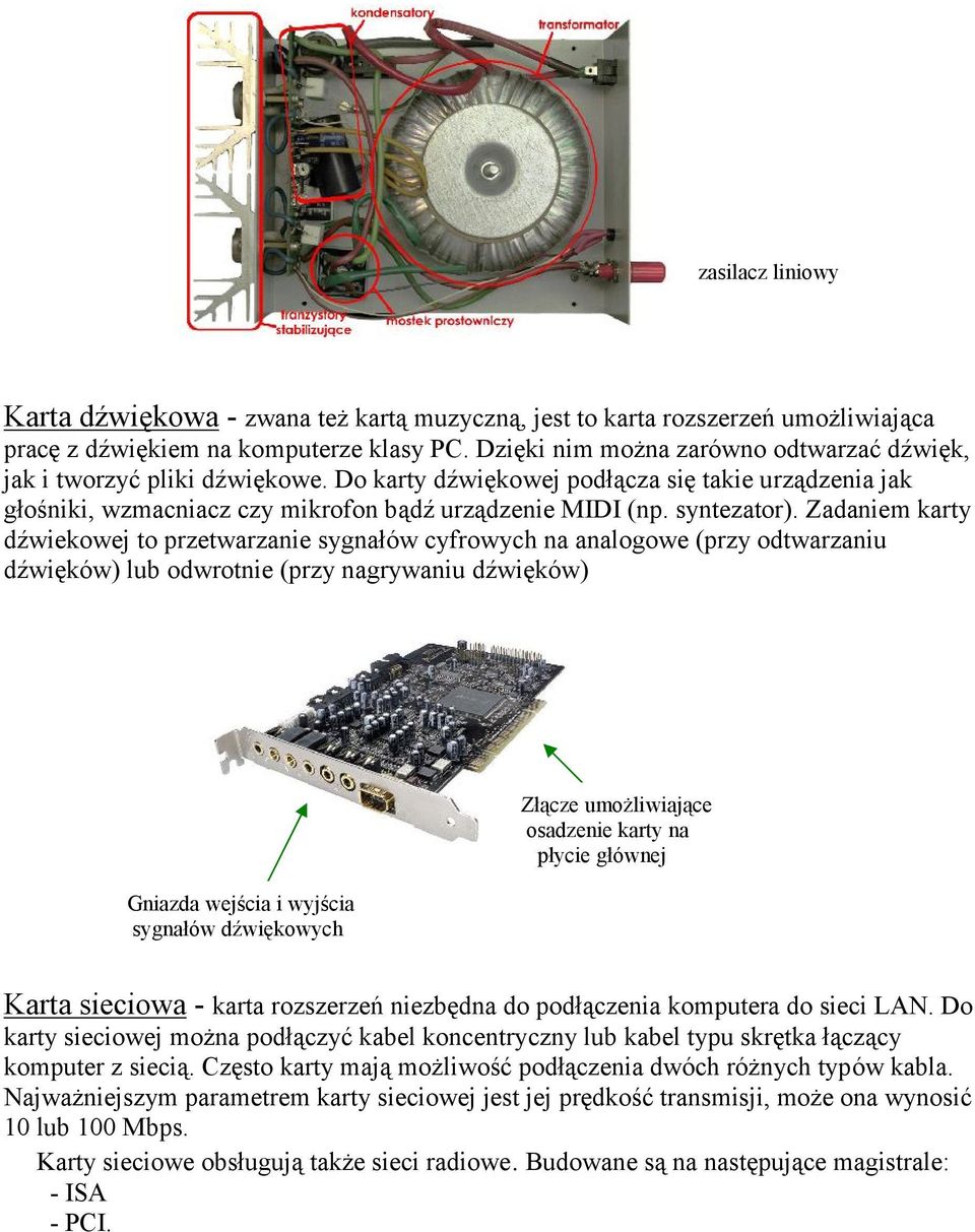 Zadaniem karty dźwiekowej to przetwarzanie sygnałów cyfrowych na analogowe (przy odtwarzaniu dźwięków) lub odwrotnie (przy nagrywaniu dźwięków) Gniazda wejścia i wyjścia sygnałów dźwiękowych Złącze