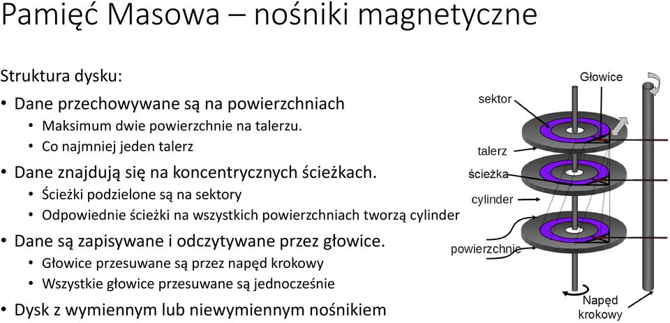 Ścieżki podzielone są na sektory Odpowiednie ścieżki na wszystkich powierzchniach tworzą cylinder Dane są zapisywane i