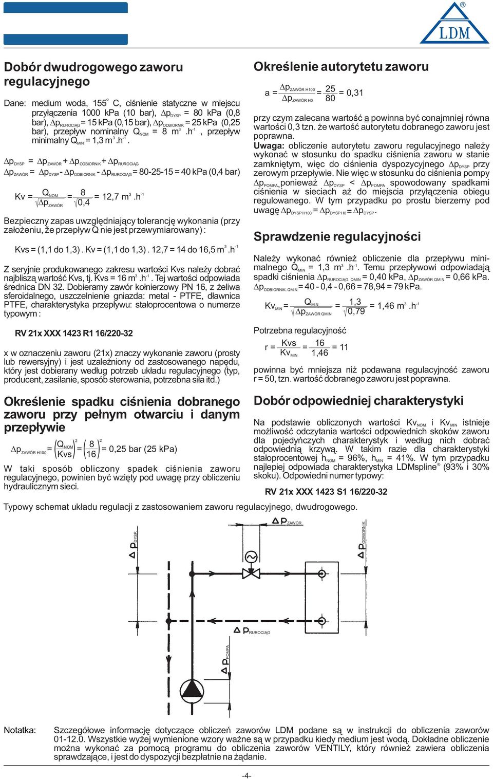 h p ZAWÓR 0,4 Bezpieczny zapas uwzględniający tlerancję wyknania (przy załżeniu, že przepływ Q nie jest przewymiarwany) : Kvs = (, d,). Kv = (, d,).,7 = 4 d 6,5 m.