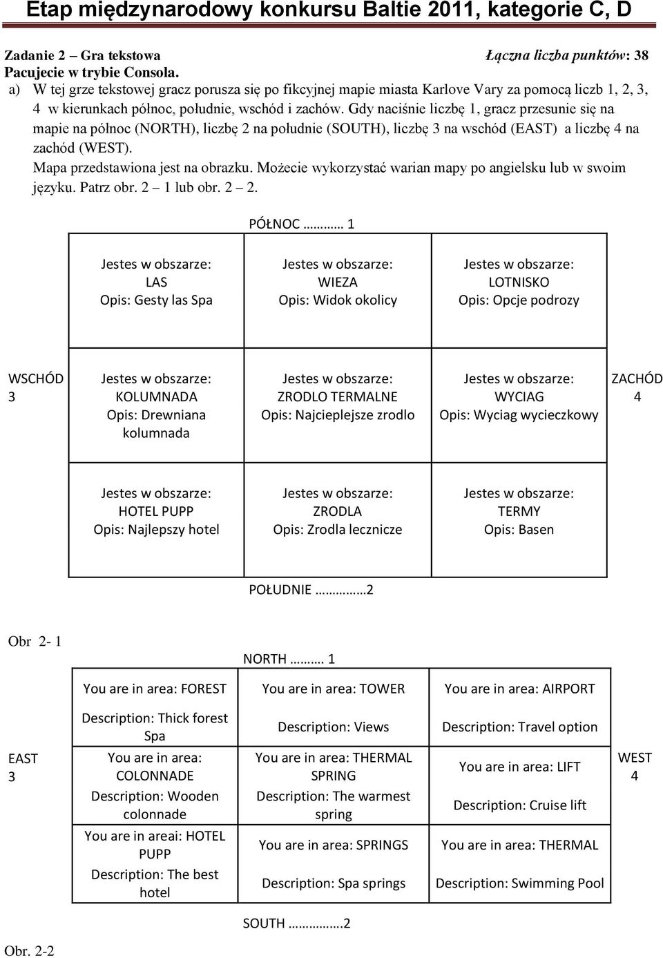 Gdy naciśnie liczbę 1, gracz przesunie się na mapie na północ (NORTH), liczbę 2 na południe (SOUTH), liczbę 3 na wschód (EAST) a liczbę 4 na zachód (WEST). Mapa przedstawiona jest na obrazku.