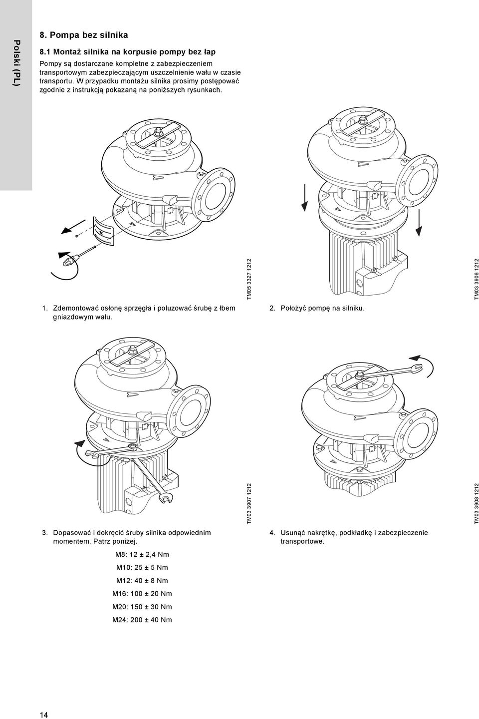 W przypadku montażu silnika prosimy postępować zgodnie z instrukcją pokazaną na poniższych rysunkach. TM05 3327 1212 TM03 3906 1212 1.