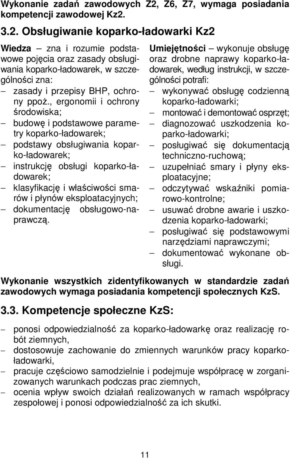 3.2. Obsługiwanie koparko-ładowarki Kz2 Wiedza zna i rozumie podstawowe pojęcia oraz zasady obsługiwania koparko-ładowarek, w szczególności zna: zasady i przepisy BHP, ochrony ppoż.