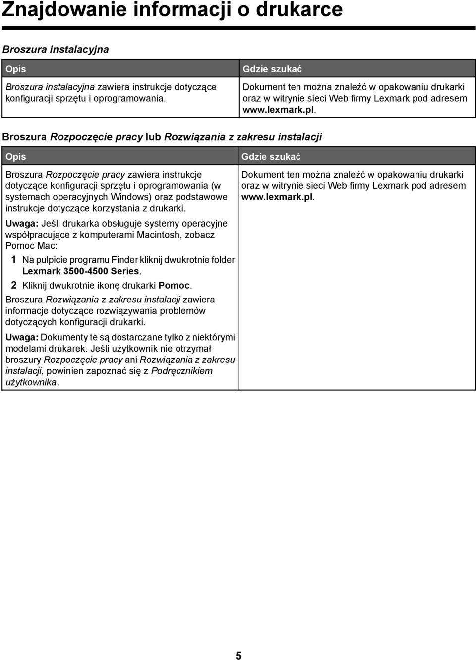 Broszura Rozpoczęcie pracy lub Rozwiązania z zakresu instalacji Opis Gdzie szukać Broszura Rozpoczęcie pracy zawiera instrukcje dotyczące konfiguracji sprzętu i oprogramowania (w systemach