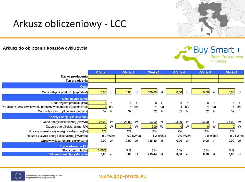 h/a 4 h/a 4 h/a Całkowity czas użytkowania [godziny] 32 h 32 h 32 h 32 h 32 h 32 h Koszty energii elektrycznej Cene energii elektrycznej [zł/kwh] 23,00 zł 23,00 zł 23,00 zł 23,00 zł 23,00 zł 23,00 zł