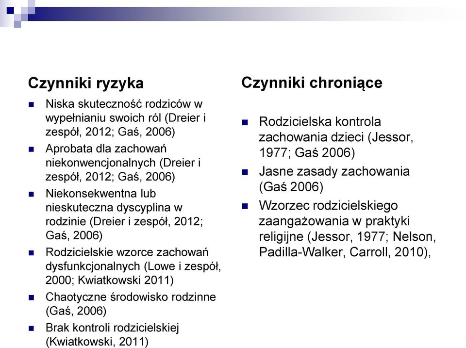 Kwiatkowski 2011) Chaotyczne środowisko rodzinne (Gaś, 2006) Brak kontroli rodzicielskiej (Kwiatkowski, 2011) Czynniki chroniące Rodzicielska kontrola zachowania dzieci