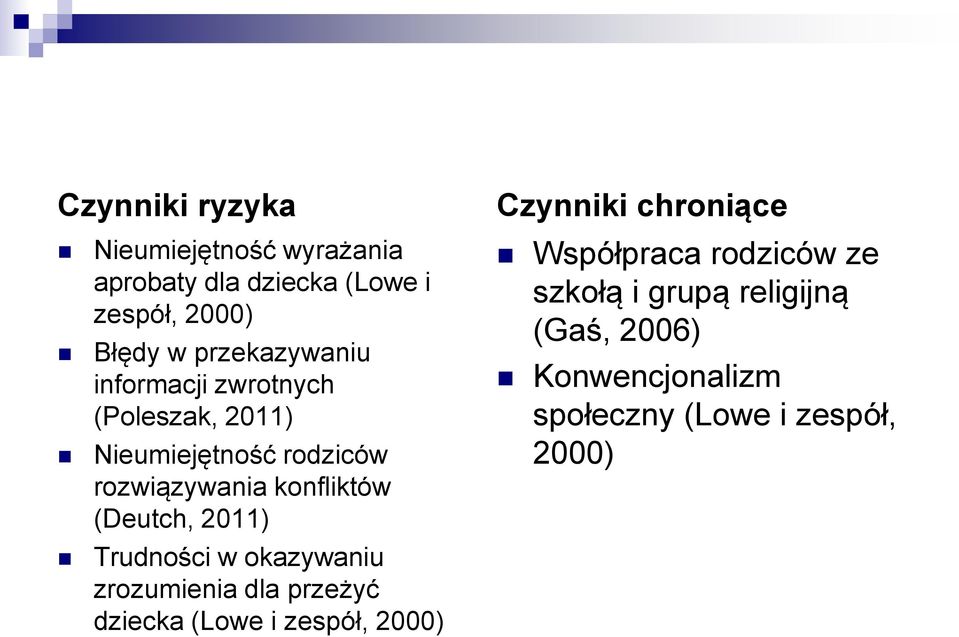 (Deutch, 2011) Trudności w okazywaniu zrozumienia dla przeżyć dziecka (Lowe i zespół, 2000) Czynniki