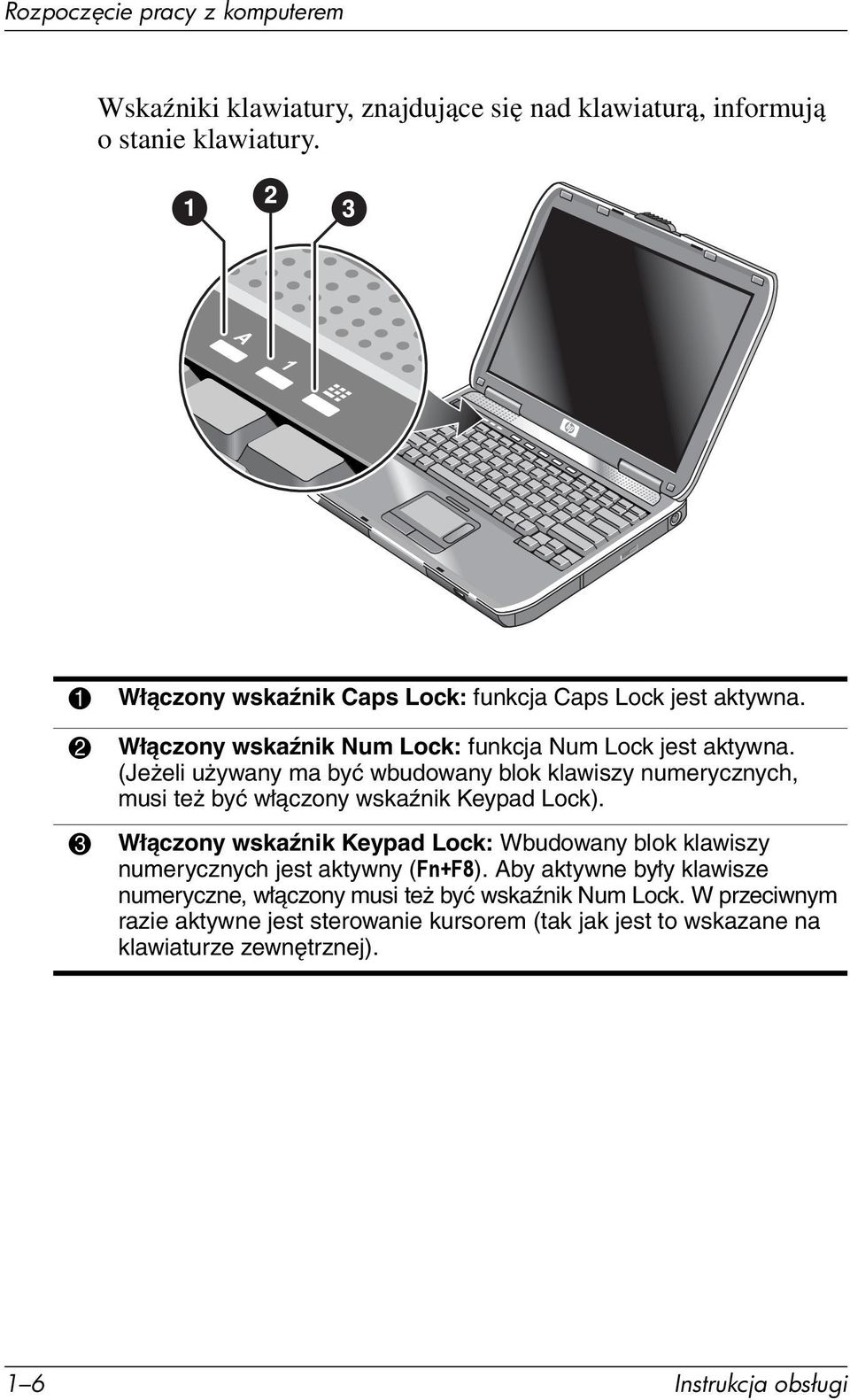 (Jeżeli używany ma być wbudowany blok klawiszy numerycznych, musi też być włączony wskaźnik Keypad Lock).