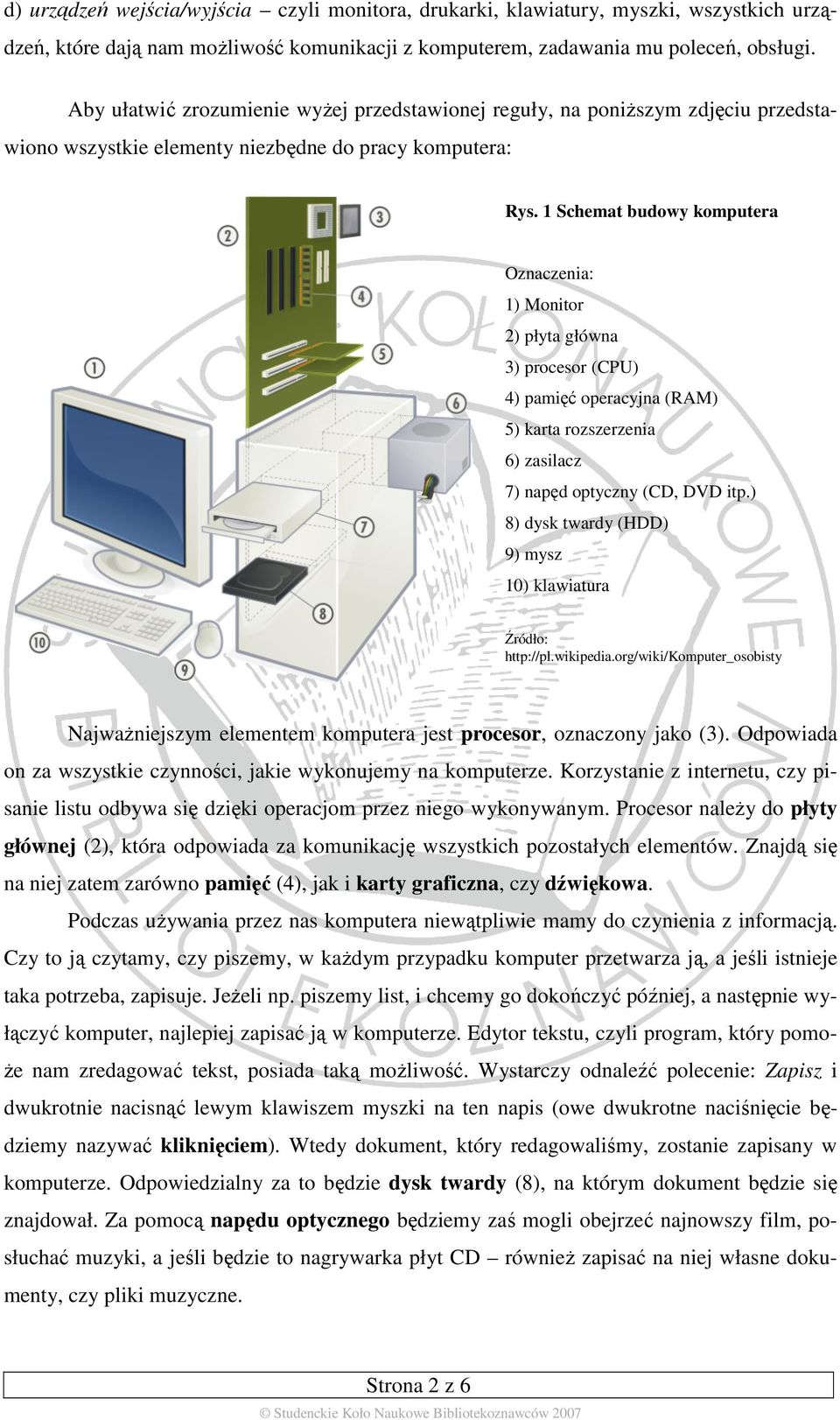 1 Schemat budowy komputera Oznaczenia: 1) Monitor 2) płyta główna 3) procesor (CPU) 4) pamięć operacyjna (RAM) 5) karta rozszerzenia 6) zasilacz 7) napęd optyczny (CD, DVD itp.