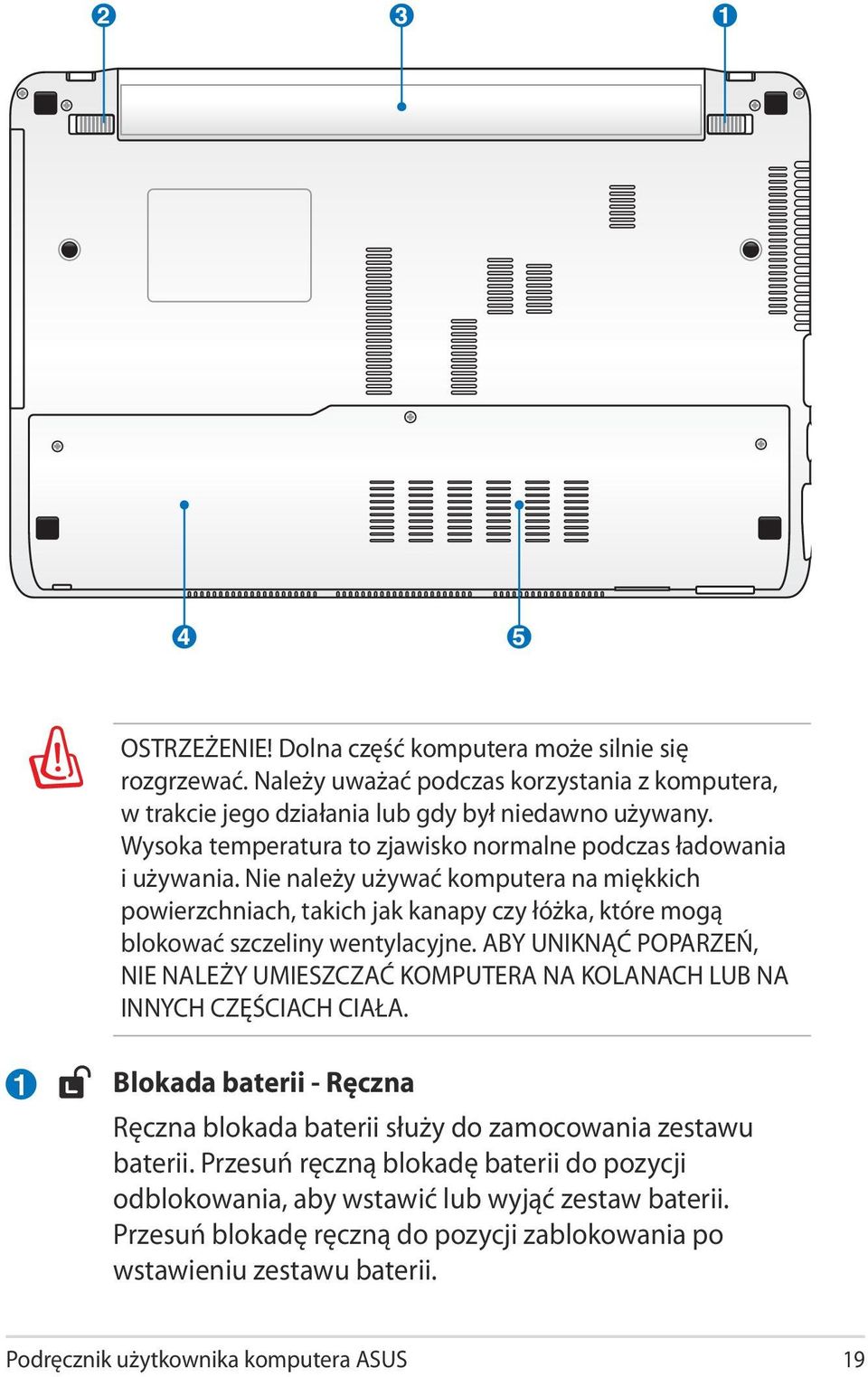 Nie należy używać komputera na miękkich powierzchniach, takich jak kanapy czy łóżka, które mogą blokować szczeliny wentylacyjne.