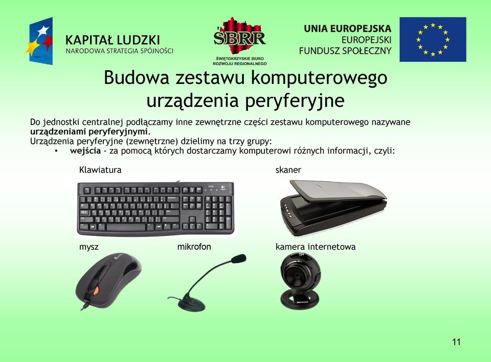 Urządzenia peryferyjne (zewnętrzne) dzielimy na trzy grupy: wejścia - za pomocą których