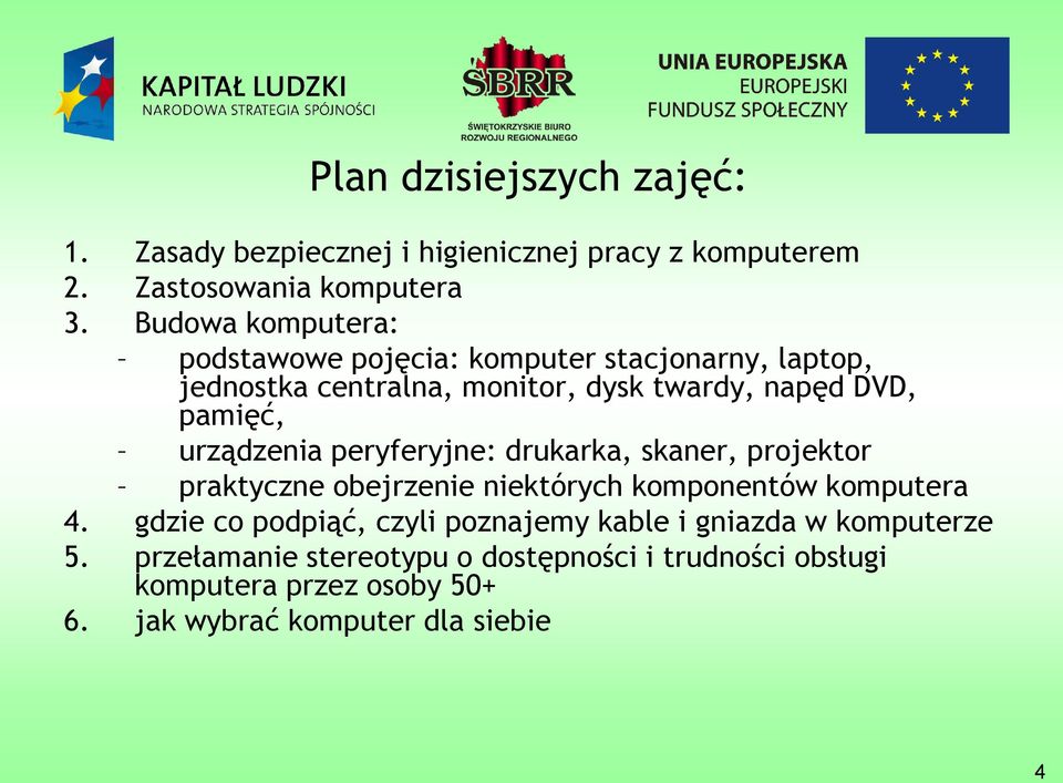 urządzenia peryferyjne: drukarka, skaner, projektor praktyczne obejrzenie niektórych komponentów komputera 4.