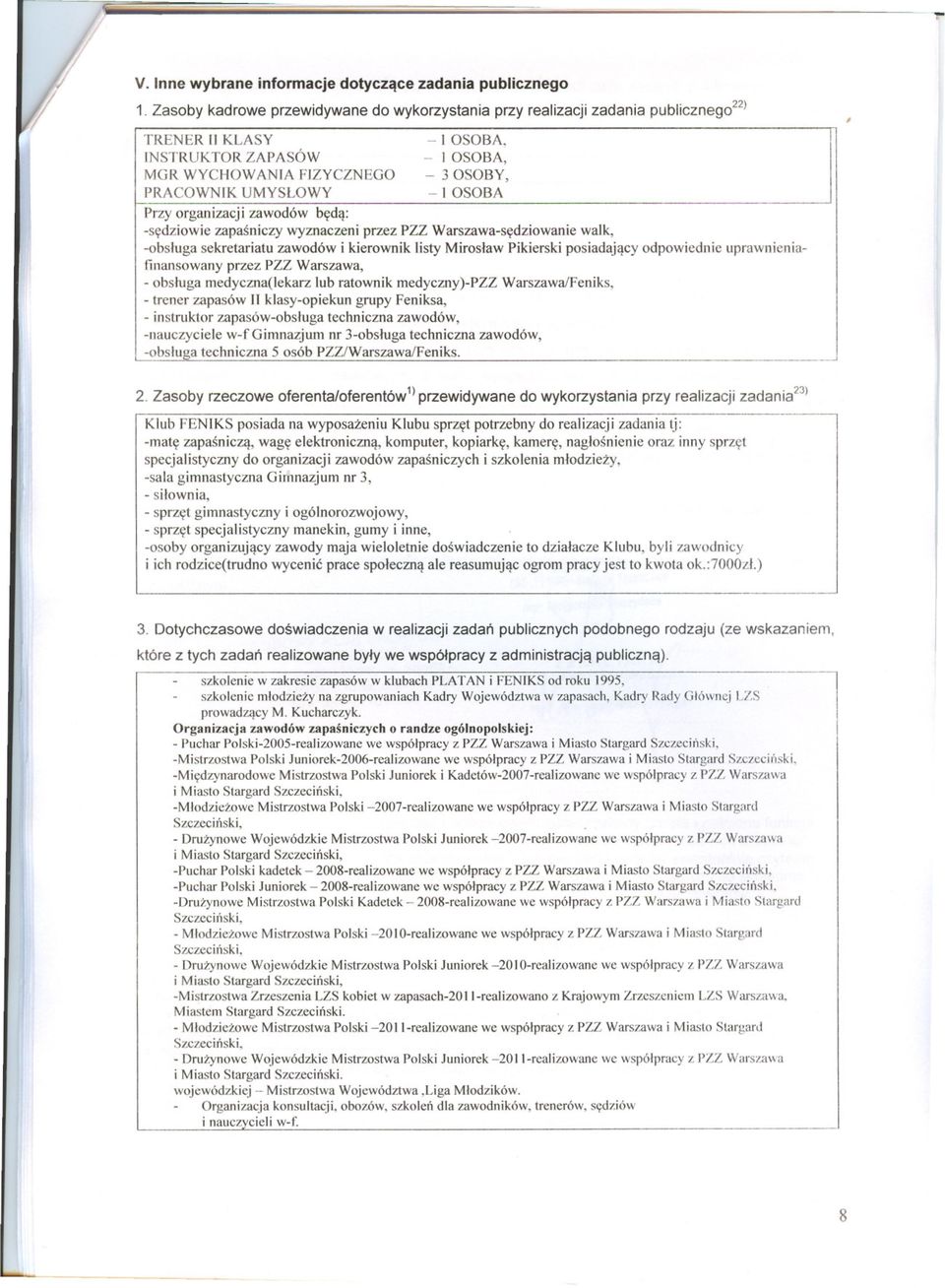 -obsluga sekretariatu zawodów i kierownik listy Miroslaw Pikierski posiadajacy odpowiednie uprawnieniafinansowany przez PZZ Warszawa, - obsluga medyczna(lekarz lub ratownik medyczny)-pzz