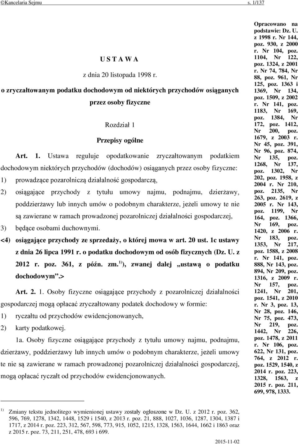 98 r. o zryczałtowanym podatku dochodowym od niektórych przychodów osiąganych przez osoby fizyczne Rozdział 1 