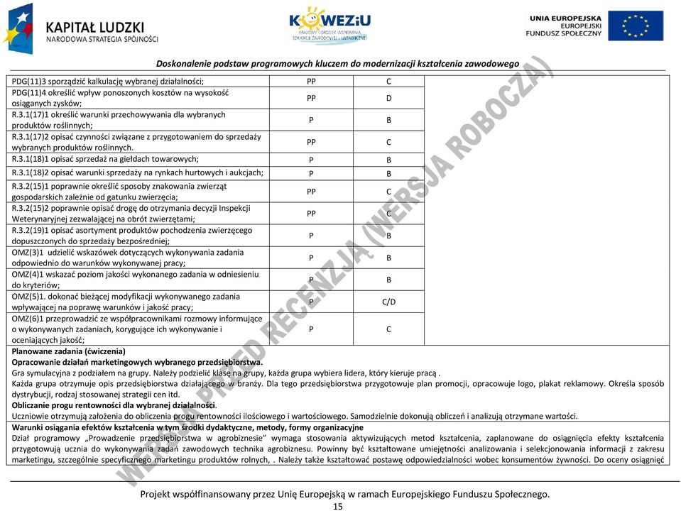 3.2(15)1 poprawnie określić sposoby znakowania zwierząt gospodarskich zależnie od gatunku zwierzęcia; R.3.2(15)2 poprawnie opisać drogę do otrzymania decyzji Inspekcji Weterynaryjnej zezwalającej na obrót zwierzętami; R.