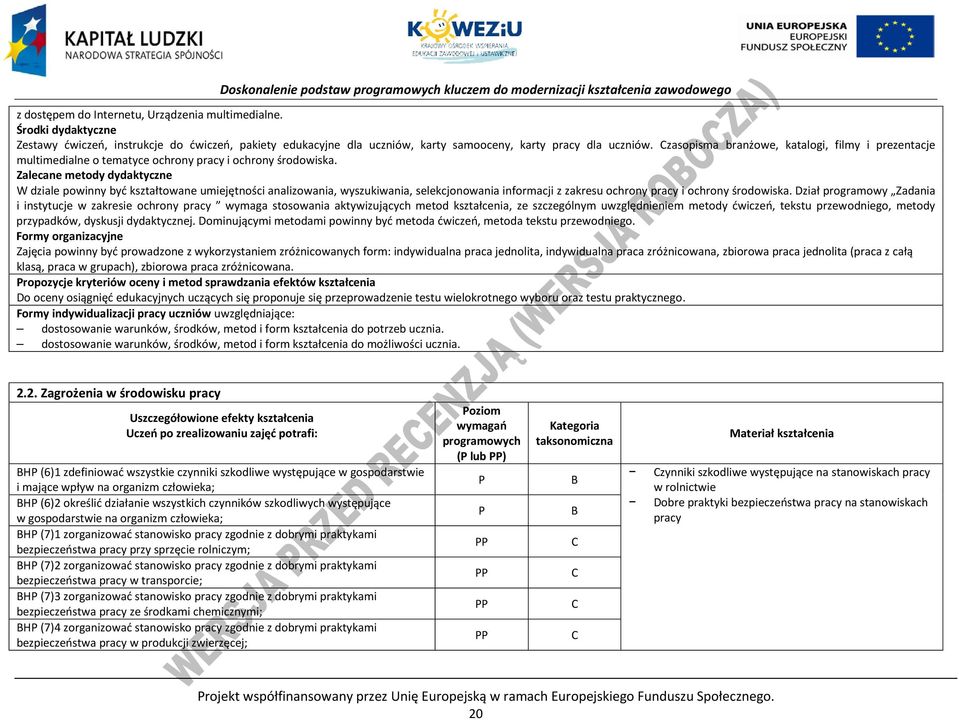 Zalecane metody dydaktyczne W dziale powinny być kształtowane umiejętności analizowania, wyszukiwania, selekcjonowania informacji z zakresu ochrony pracy i ochrony środowiska.