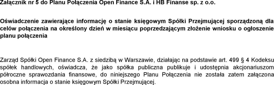 ączenia Open Finance S.A. i HB Finanse sp. z o.