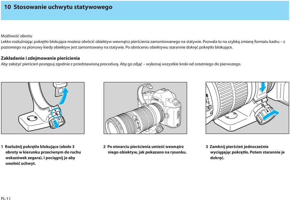 Zakładanie i zdejmowanie pierścienia Aby założyć pierścień postępuj zgodnie z przedstawioną procedurą. Aby go zdjąć wykonaj wszystkie kroki od ostatniego do pierwszego.