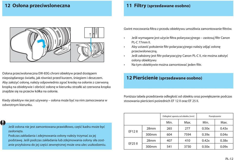 Jeśli założony jest filtr polaryzacyjny Canon PL-C II, nie można założyć osłony obiektywu Na tym obiektywie można zamontować jeden filtr.