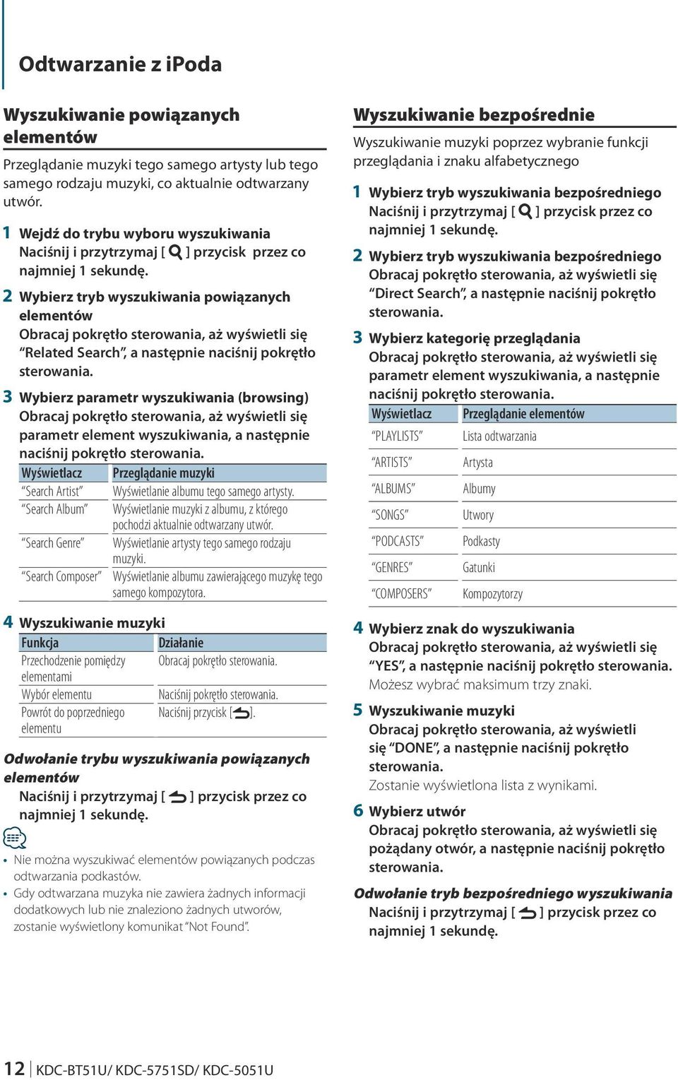 wyszukiwania (browsing) parametr element wyszukiwania, a następnie naciśnij pokrętło Wyświetlacz Przeglądanie muzyki Search Artist Wyświetlanie albumu tego samego artysty.