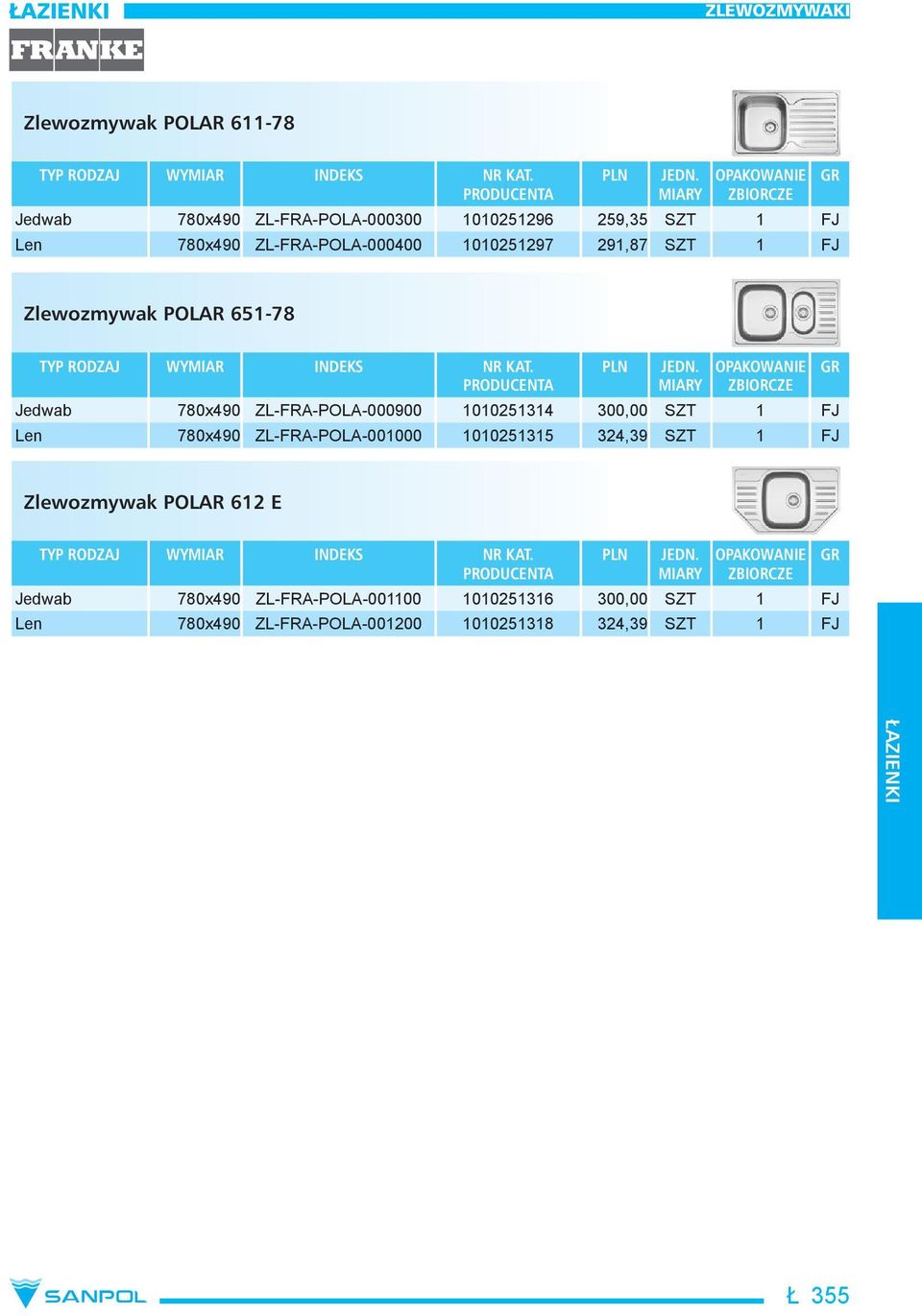 1010251314 300,00 SZT 1 FJ Len 780x490 ZL-FRA-POLA-001000 1010251315 324,39 SZT 1 FJ Zlewozmywak POLAR 612 E