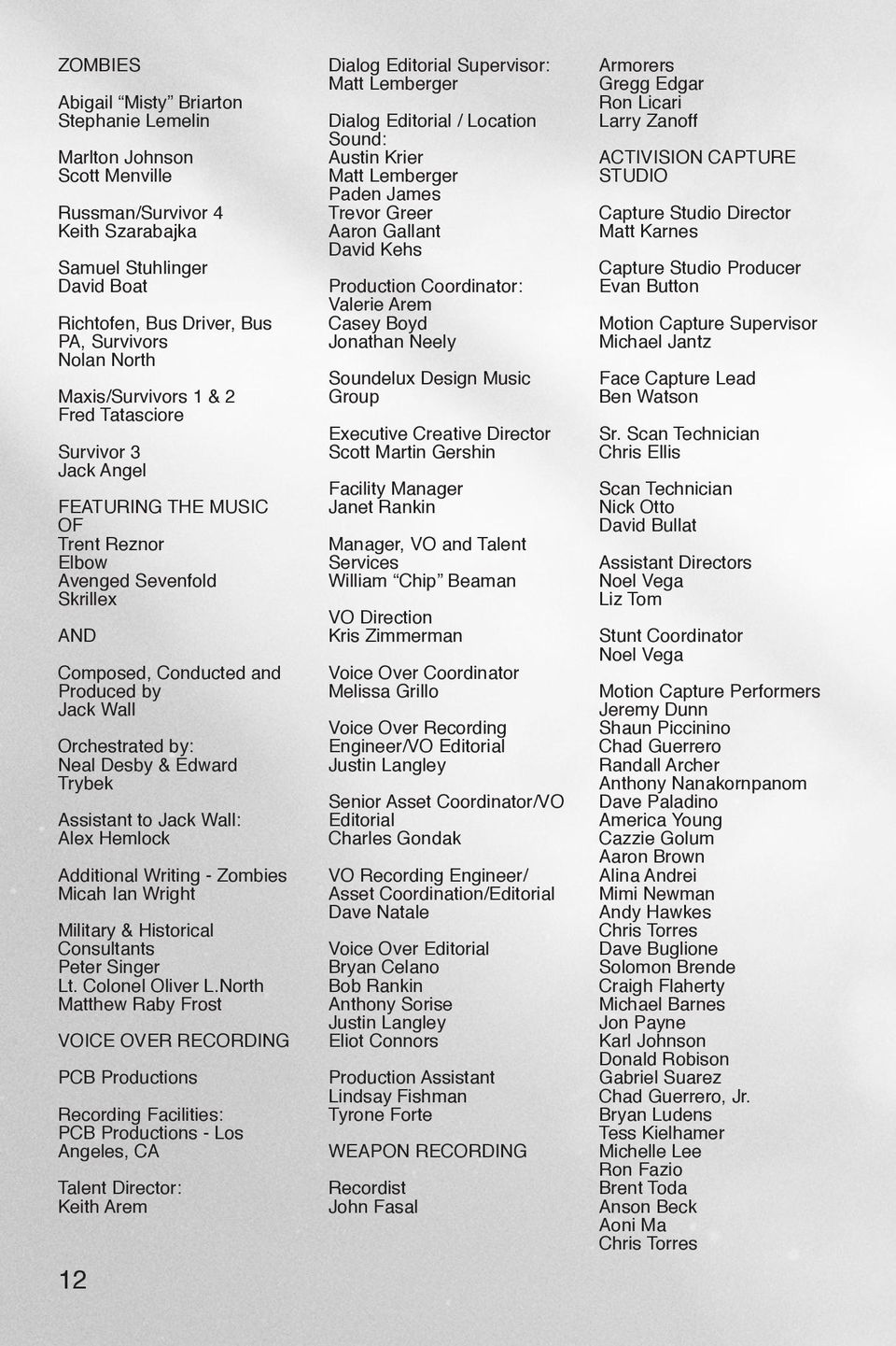 Neal Desby & Edward Trybek Assistant to Jack Wall: Alex Hemlock Additional Writing - Zombies Micah Ian Wright Military & Historical Consultants Peter Singer Lt. Colonel Oliver L.