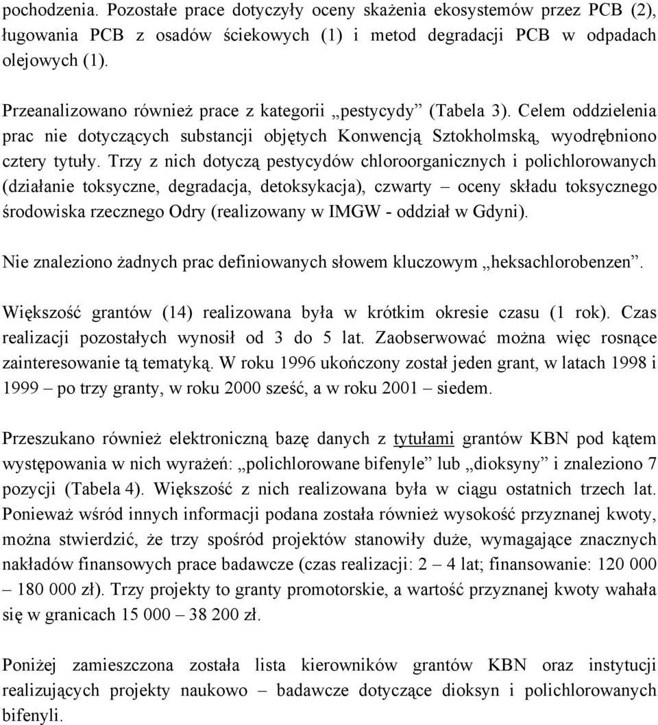 Trzy z nich dotyczą pestycydów chloroorganicznych i polichlorowanych (działanie toksyczne, degradacja, detoksykacja), czwarty oceny składu toksycznego środowiska rzecznego Odry (realizowany w IMGW -