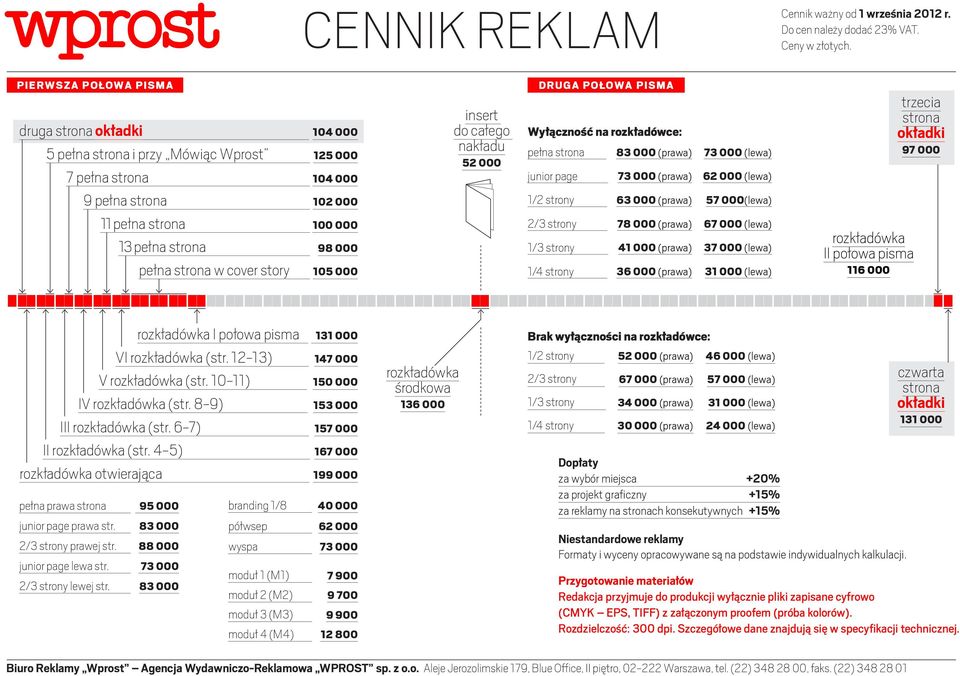 strona w cover story 105 000 insert do całego nakładu 52 000 DRUGA POŁOWA PISMA Wyłączność na rozkładówce: pełna strona 83 000 (prawa) 73 000 (lewa) junior page 73 000 (prawa) 62 000 (lewa) 1/2