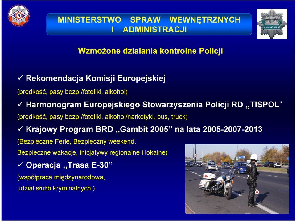 /foteliki, alkohol) Harmonogram Europejskiego Stowarzyszenia Policji RD,,TISPOL (prędkość, pasy bezp.