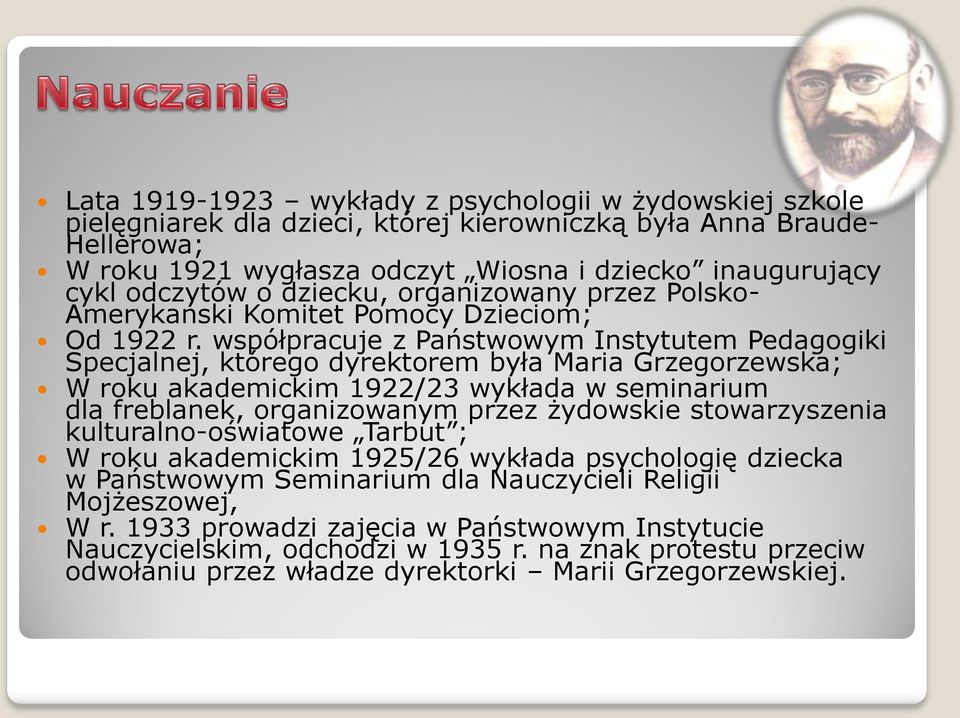 współpracuje z Państwowym Instytutem Pedagogiki Specjalnej, którego dyrektorem była Maria Grzegorzewska; W roku akademickim 1922/23 wykłada w seminarium dla freblanek, organizowanym przez żydowskie