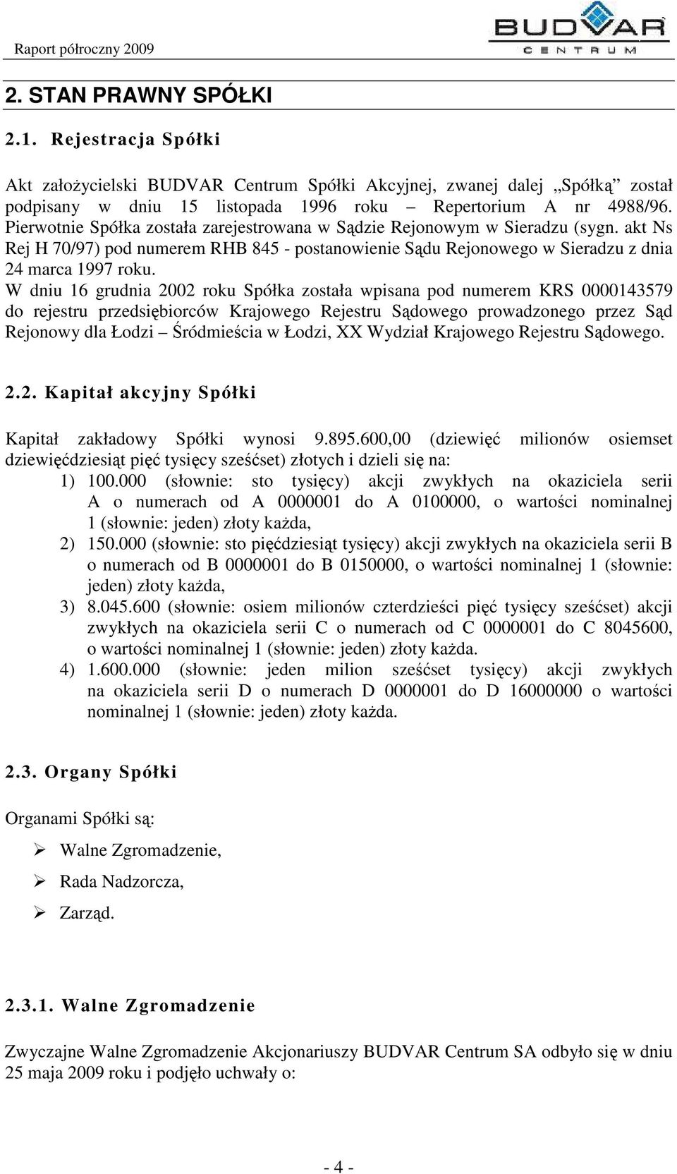 W dniu 16 grudnia 2002 roku Spółka została wpisana pod numerem KRS 0000143579 do rejestru przedsibiorców Krajowego Rejestru Sdowego prowadzonego przez Sd Rejonowy dla Łodzi ródmiecia w Łodzi, XX