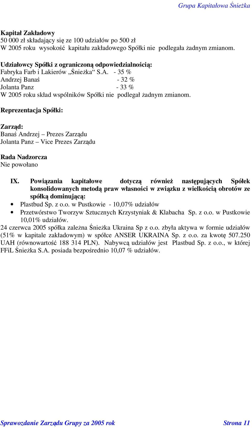 Reprezentacja Spółki: Zarzd: Bana Andrzej Prezes Zarzdu Jolanta Panz Vice Prezes Zarzdu Rada Nadzorcza Nie powołano IX.